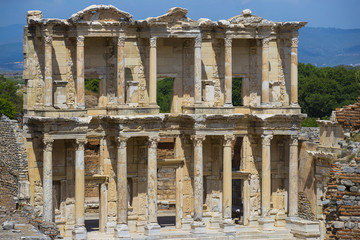 The ruins of the ancient antique city of Ephesus the library building of Celsus, the amphitheater temples and columns. Candidate for the UNESCO World Heritage List 
