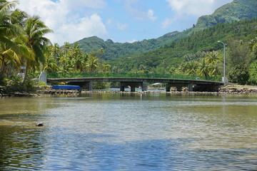 French Polynesia Huahine, concrete bridge over sea channel between the main island and an islet (motu) near Maeva village, south Pacific, Oceania