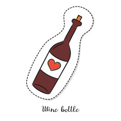 Cartoon sticker with wine bottle on white background.