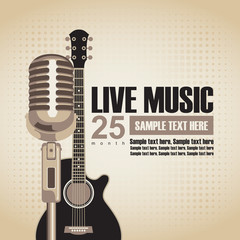 Fototapeta premium vector banner with an acoustic guitar and a microphone for the concert of jazz music on light background in retro style with inscription