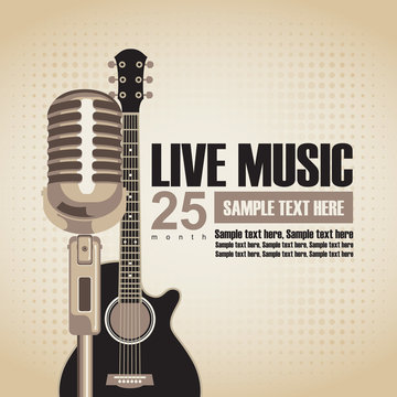 vector banner with an acoustic guitar and a microphone for the concert of jazz music on light background in retro style with inscription
