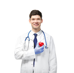 Handsome young cardiologist on white background