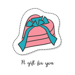 Cartoon sticker with gift box on white background.