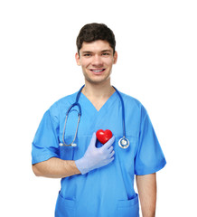 Handsome young cardiologist on white background