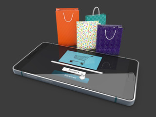 phone and bags. e-commerce concept, 3d Illustration isolated black