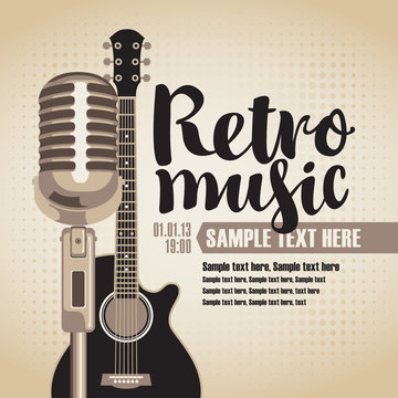 vector banner with an acoustic guitar and a microphone for the concert of retro music on light background in retro style with inscription