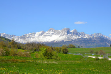 View of Snow covered La Grande Moucherolle, La Petite Moucherolle,  and Deux Soeurs (also known as the Two Sisters” from Monestier de Clermont