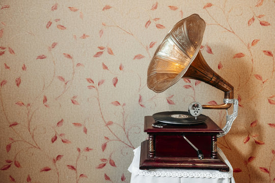 vintage gramophone plays a record
