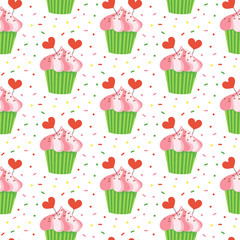Seamless pattern with cupcakes on the white background.
