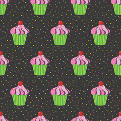 Seamless pattern with cupcakes on the black background.