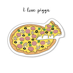 Cartoon sticker with pizza on white background.
