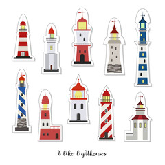 Cartoon stickers with lighthouses on white background.