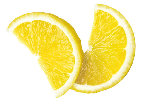 two juicy slices of fresh lemon, clipping path, on white background, isolated