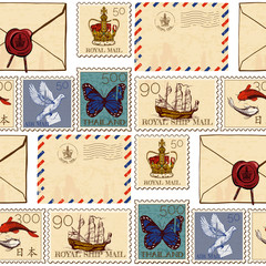 Stamps and envelopes seamless pattern