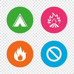 Tourist camping tent sign. Fire flame icons.