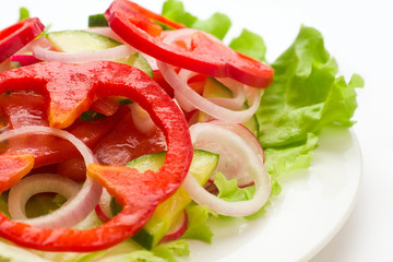 Vegetable salad, vegetarian, lettuce, pepper, cucumber, radish, onion, tomato, celery, fork knife, white background
