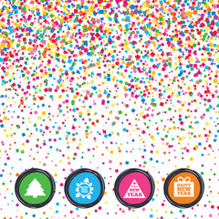 Happy new year sign. Christmas trees.