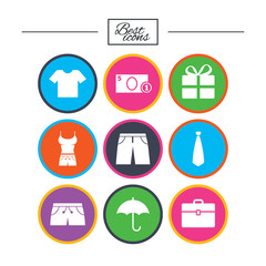 Clothing, accessories icons. Shopping signs.