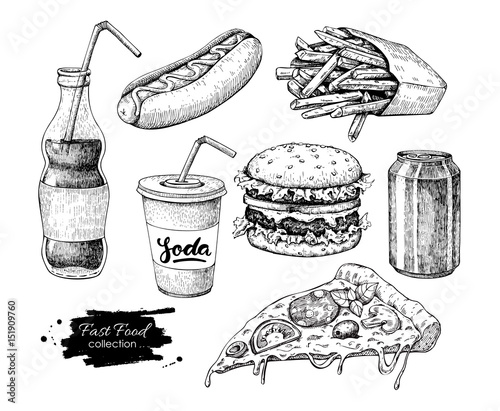 Fast Food Vector Hand Drawn Set Engraved Style Junk Food Illust
