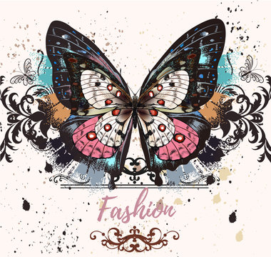 Fashion illustration with colofrul butterfly and ink spots, grunge style background