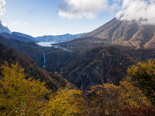 View of Lake Chuzenjiko and Kegon falls from the mountaintop at Akechidaira with fall colors