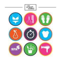 Hairdresser, spa icons. Diet cocktail sign.