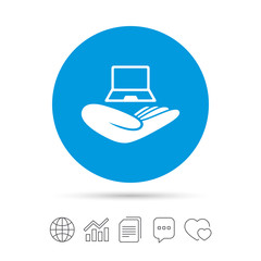 Notebook insurance sign. Hand holds pc laptop.