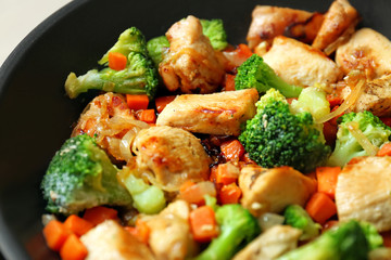 Chicken stir fry in pan, closeup