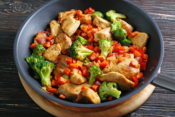 Chicken stir fry in pan, closeup