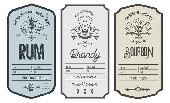 Set of intage bottle label design with ethnic elements in thin line style.