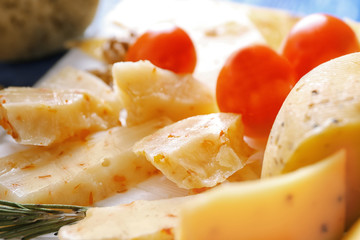 Composition with sliced cheese and tomatoes, closeup