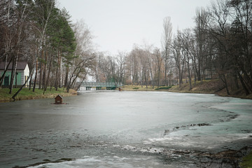 Fototapeta na wymiar Lake in the winter park