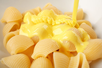 Tasty pasta with cheese sauce, closeup