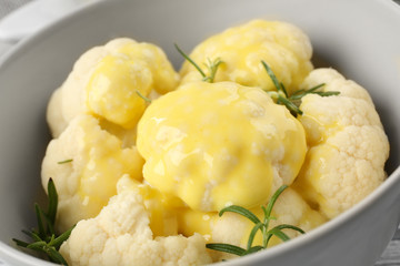 Cauliflower with cheese sauce, closeup