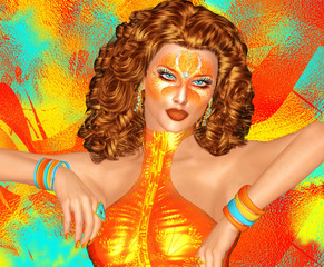 Fashion and beauty redhead girl with creative makeup, masquerade style and orange abstract background. Our unique 3d render art design.
