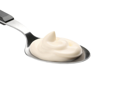 Delicious Mayonnaise In Spoon Isolated On White