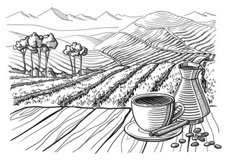 coffee plantation landscape table cup sack in graphic style hand-drawn vector illustration.