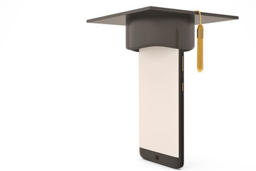 Smartphone and mortarboard on white security concept.3D illustration.