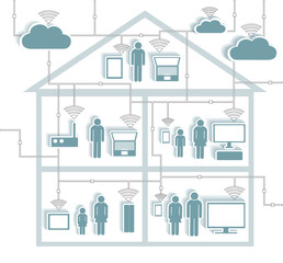 Wifi Internet Connectivity concept - Cloud Computing Paper Cutout Stickers with Cutaway Residential House - Grouped and Layered, contains blends
