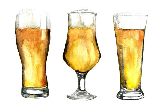Watercolor beer glasses set isolated on white background