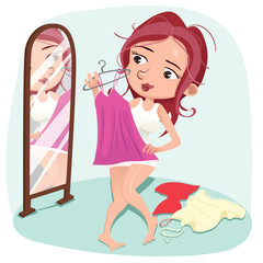 cartoon girl choosing dress.