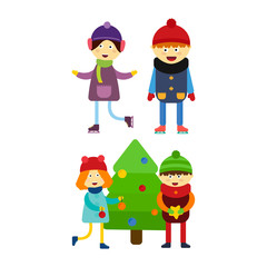 Christmas kids playing winter games skating cartoon new year winter holidays characters vector illustration.