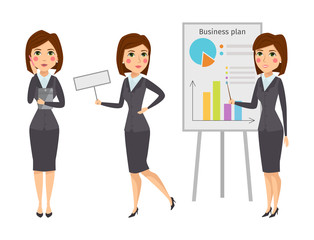 Vector business woman character silhouette standing adult office career posing young girl.