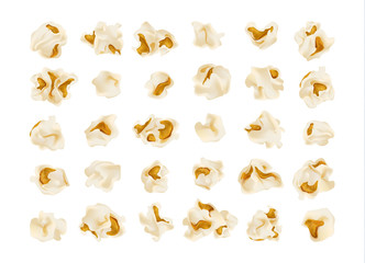 Set of popcorn, isolated on white. Drawn vector illustration, realistic popcorn background for cinema, movie, film, food, theater,.. design.