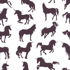 Magic Cute unicorns silhouettes. Stylish icons,vintage, background, horses tattoo. Hand drawn vector illustration, outline black, isolated different unicorn body collection