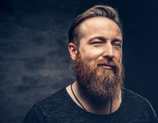 Redhead bearded male over grey background.