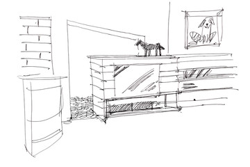 designer freehand sketch of living room interior with furniture blueprint