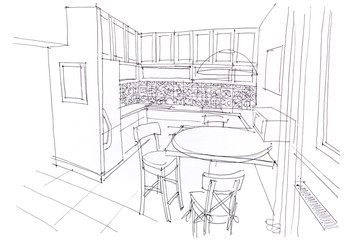 hand drawn monochrome sketch of dining room interior and furniture design