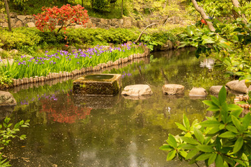 Water basin with stepping stones in a Japanese zen garden (wide view)