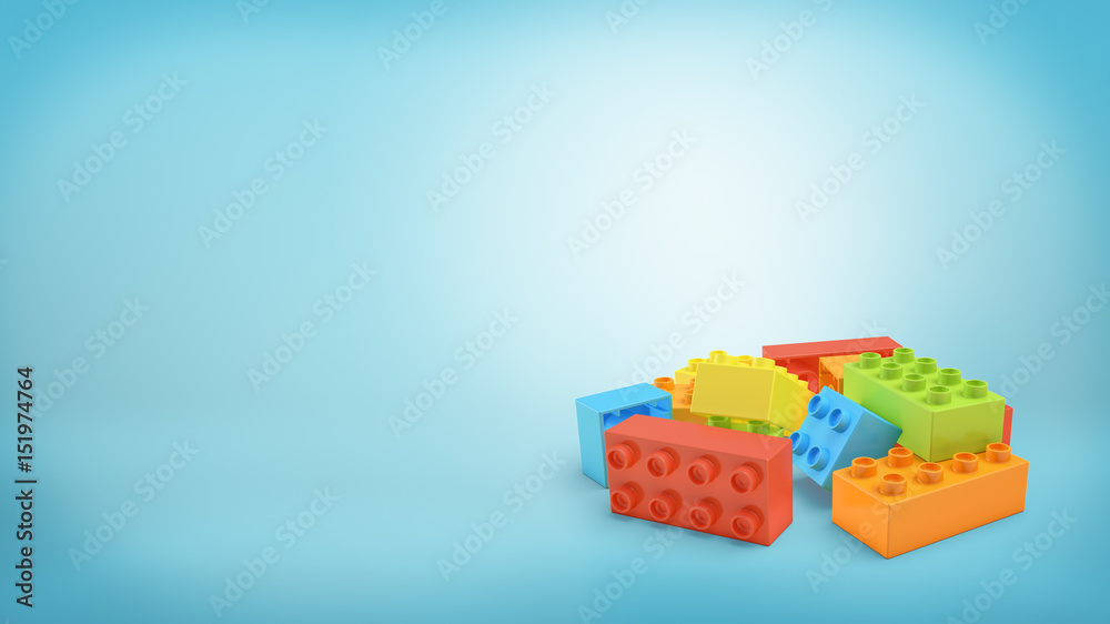 Poster 3d rendering of several multi-colored rectangular toy blocks lying in a pile on blue background.